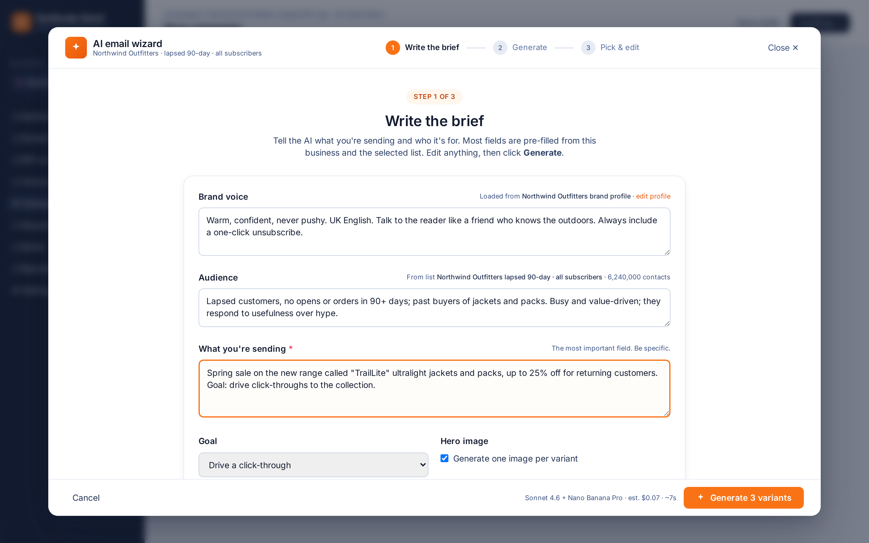AI email wizard brief step